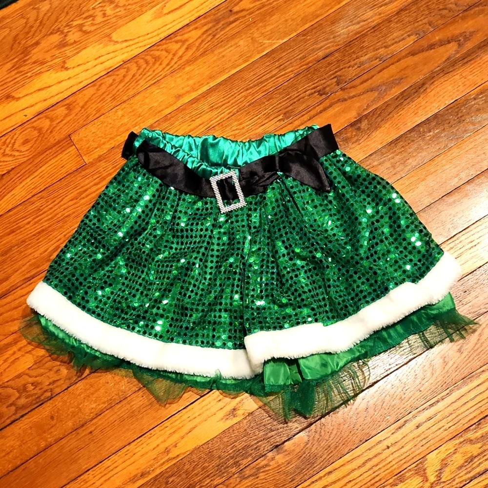 Sequin Green Tulle and Satin Elastic Waist Skirt St. Patrick's or Christmas